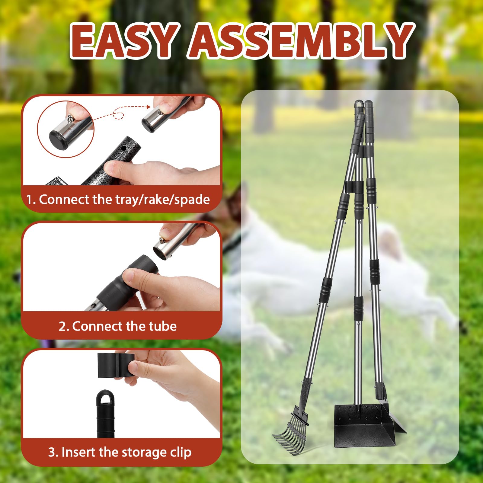Recogedor de Excrementos para Perros – Mango Largo de 96CM con Bandeja, Rastrillo y Pala – Set de Acero Desmontable para Perros Grandes, Medianos y Pequeños – para Jardín, Césped o Grava