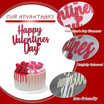 Valentine's Day Cake Toppers Happy Valentine's Day Cupcake Topper Red Glitter Cake Decoration for Party 10pcs