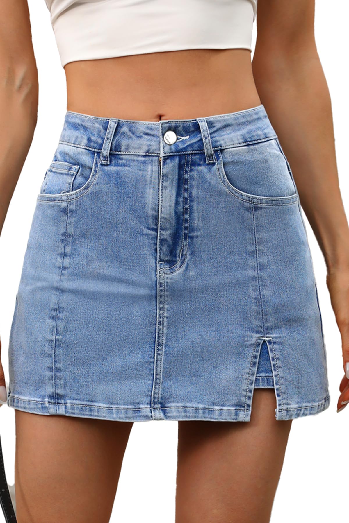 Women’s Side Slit Denim Skort, High-Stretch,High Waisted,Y2K Mini Jean Skirt Shorts with 5 Pockets-image-9