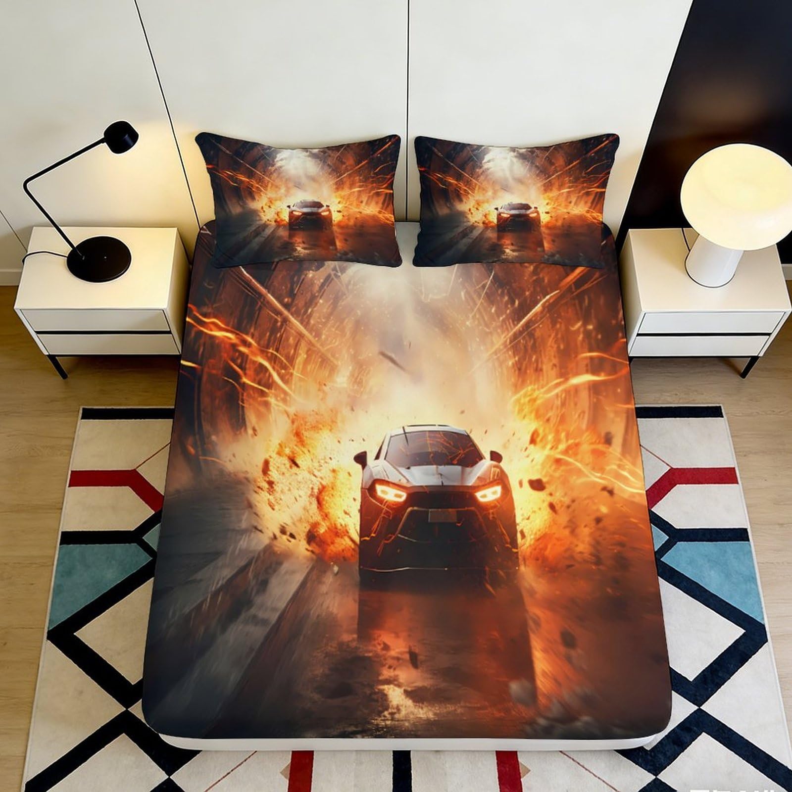 Dynamic bedroom accent 3D Printed Fitted Sheet explosion car graphic, Microfiber soft touch, apartment bedding, wrinkle resistant, easy care, home decor, mattress protection 90x200x25cm
