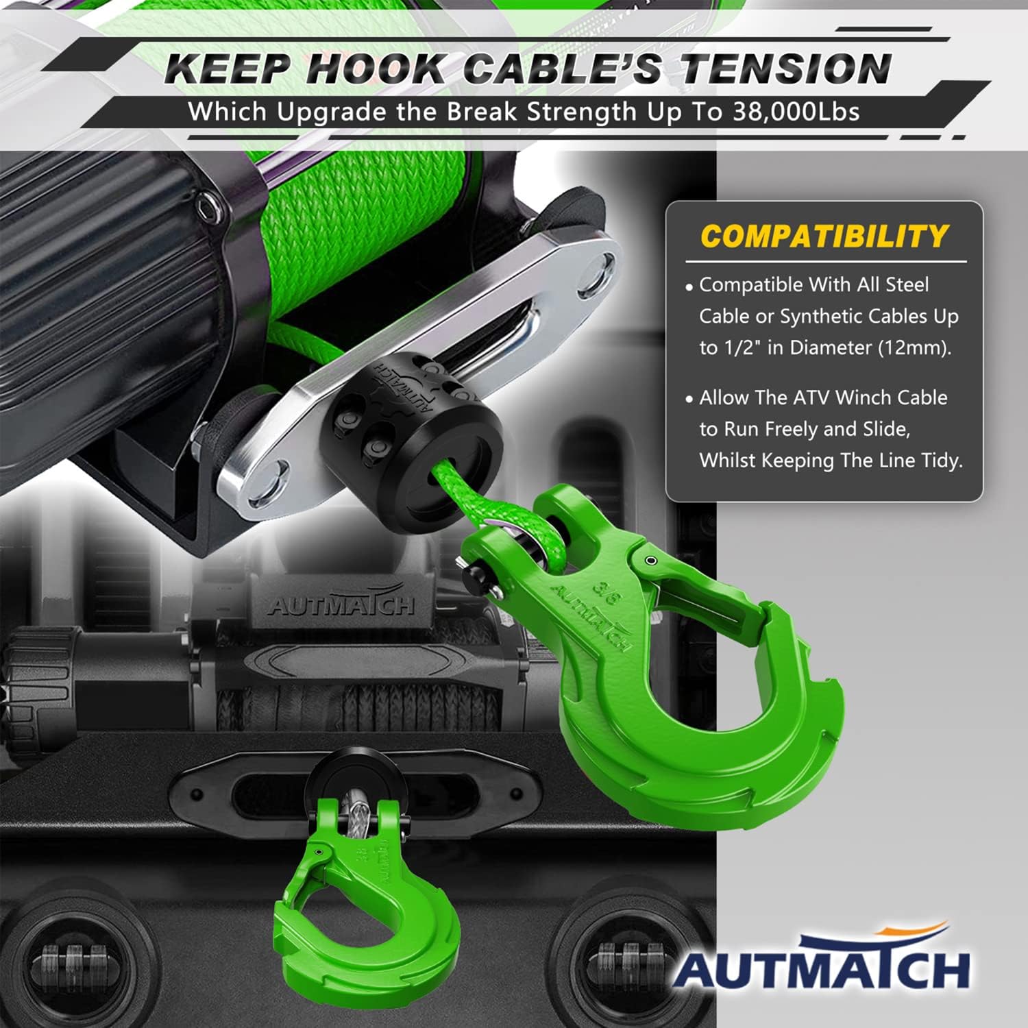 AUTMATCH 3/8" Winch Hook Safety Latch with Winch Cable Hook Stopper, Grade 70 Forged Steel Clevis Slip Hook, Max 39,600Lbs Work for Winch Rope, ATV, UTV, Off Road Vehicle, Green