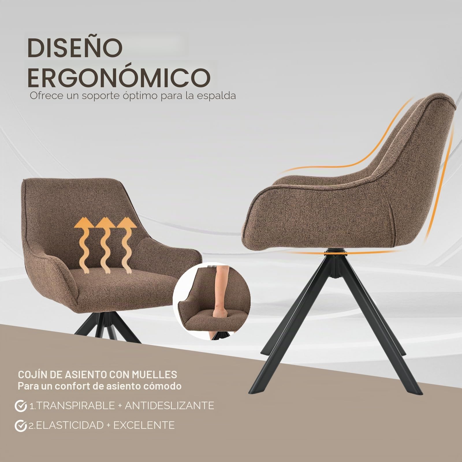 Juego de 4 sillas de comedor giratorias con reposabrazos, giratorias 360°, sillas tapizadas de lino, modernas, giratorias, con estructura de metal y respaldo para comedor, salón, oficina
