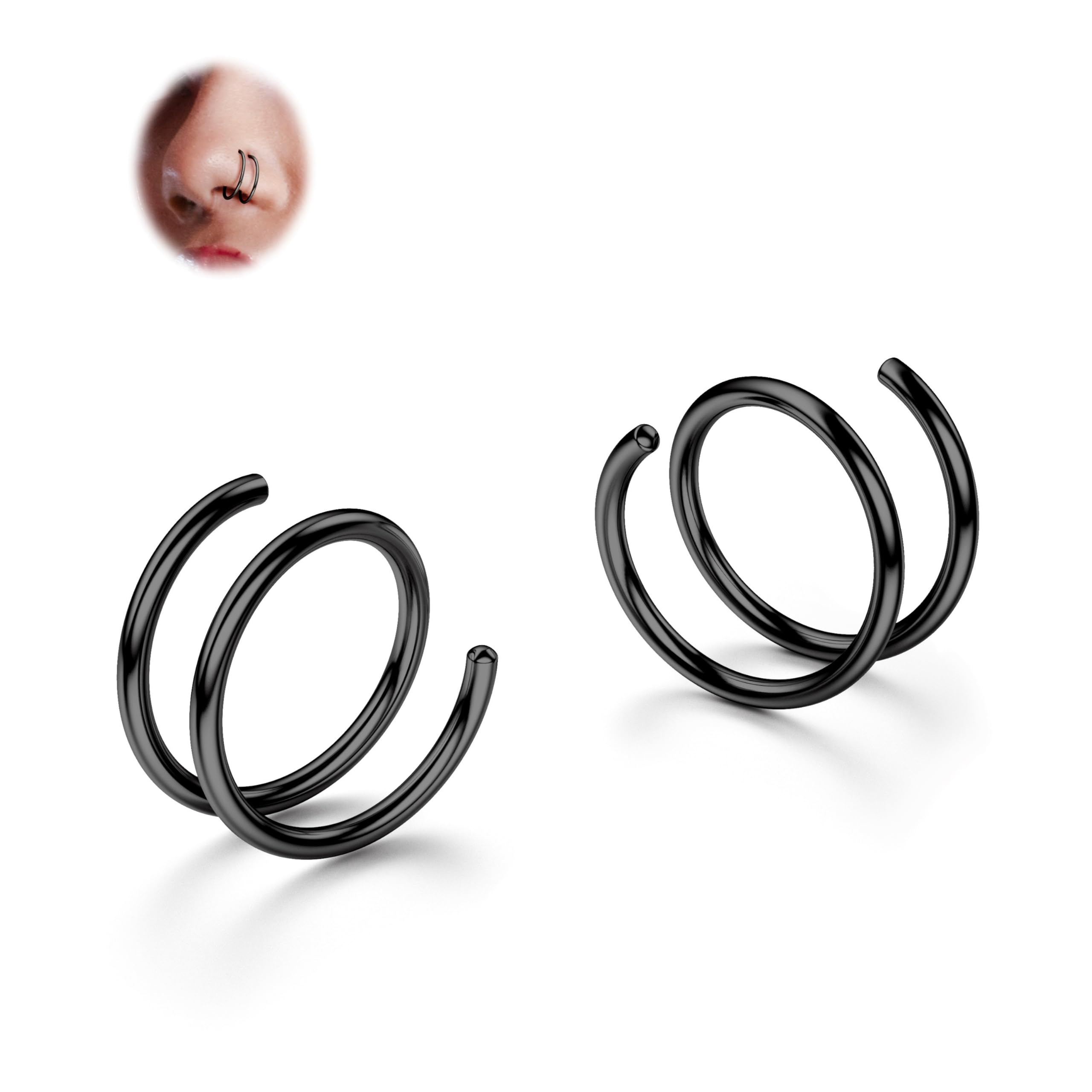 BodyBonita 2-8Pcs Softened 316L Stainless Steel Double Hoop Nose Ring for Single Piercing 22G 20G 18G Bendable Twist Spiral Nose Rings Hoops for Women