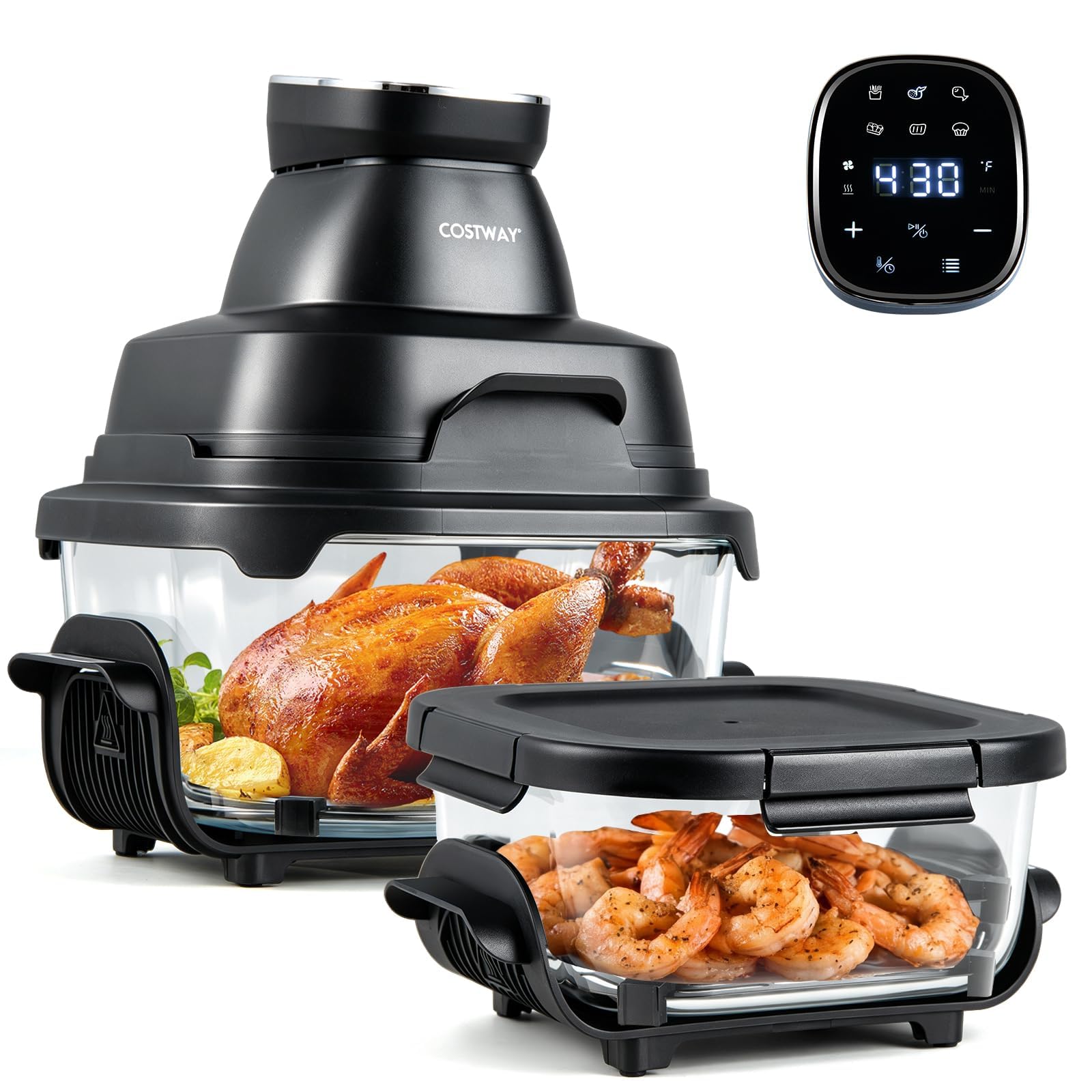 FANTASK Freidora de aire caliente portátil 6 en 1, freidora de aire caliente de 1500 W, con 2 recipientes de cristal extraíbles y tapa, airfryer para camping, hogar (negro)