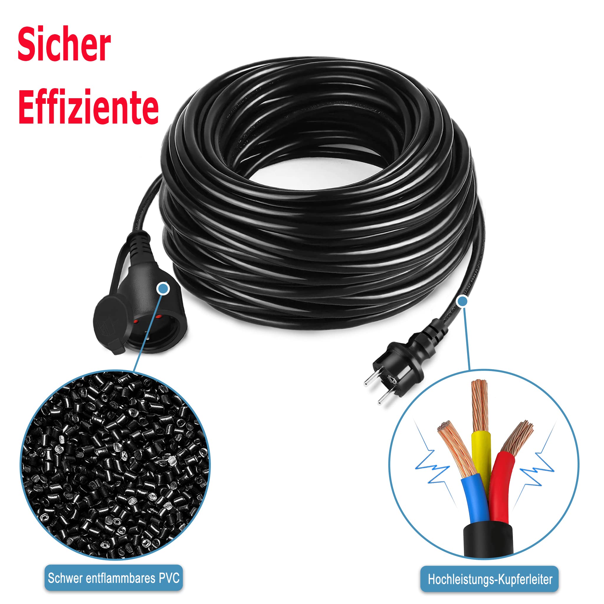 XMTECH Przedłużacz kabla zewnętrznego z osłoną ochronną 30 m - Przedłużacz kabla zasilającego - Przedłużacz gniazdka - Kabel przedłużający zasilanie - Gniazdo europejskie - Do użytku wewnętrznego i