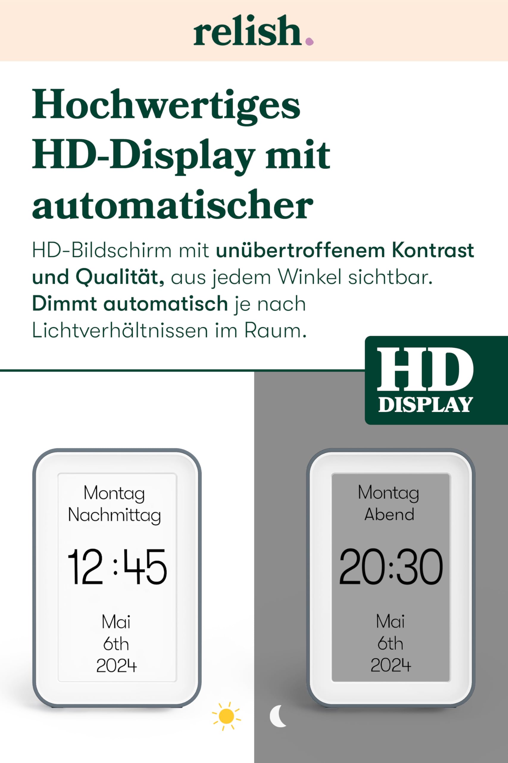 Relish - Demenzuhr Day Connect, Digitale Kalenderuhr mit Tag, Datum und Uhrzeit, großes übersichtliches Display, personalisierte Optionen