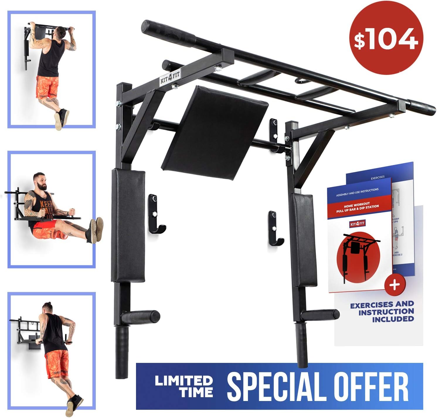 Wall Mounted Pull Up Bar and Dip Station with Vertical Knee Raise Station Indoor Home Exercise Equipment for Men Woman and Kids Great for Workout and Fitness