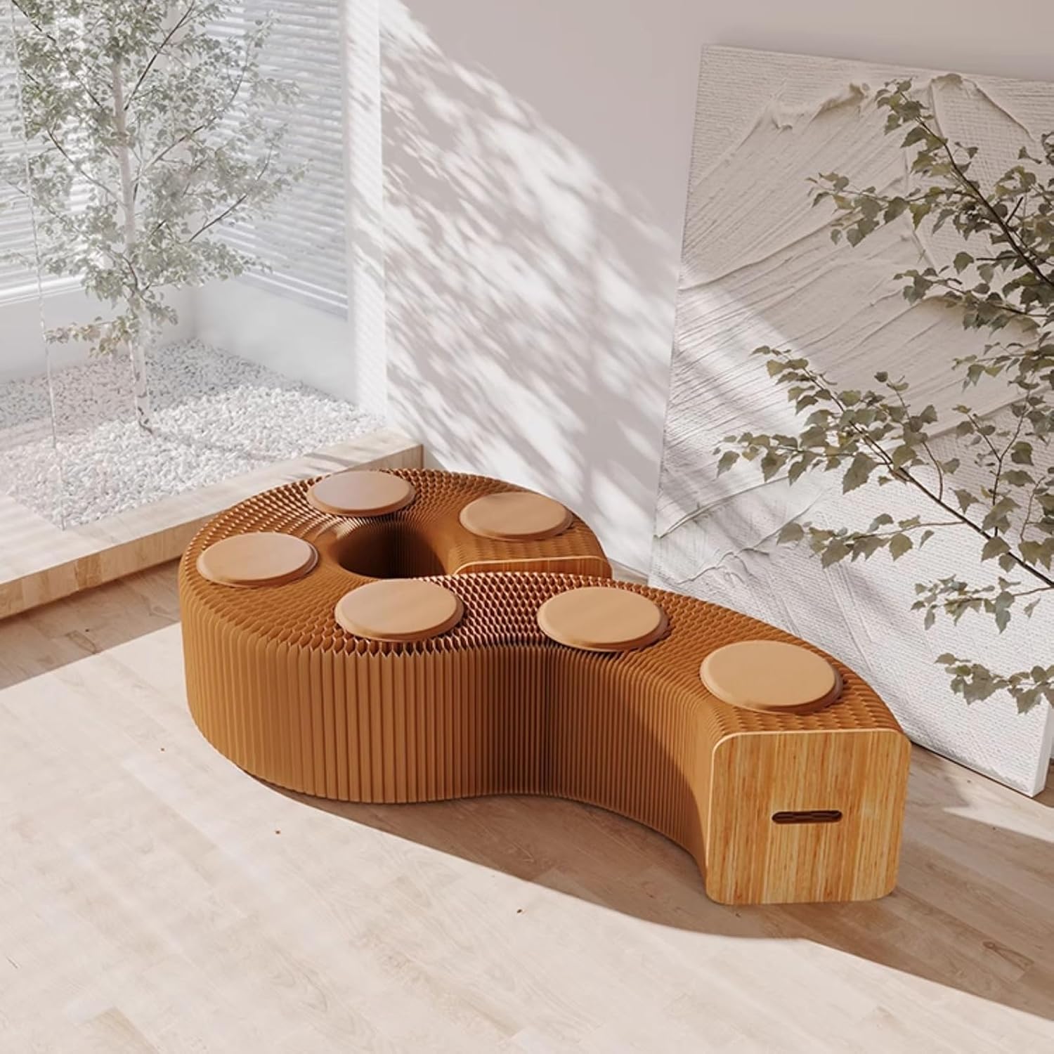 Folding Paper Bench with PU Seat - Modern Creative Accordion Honeycomb Relaxing Foot Stool for School, Kitchen, Living & Dining Room