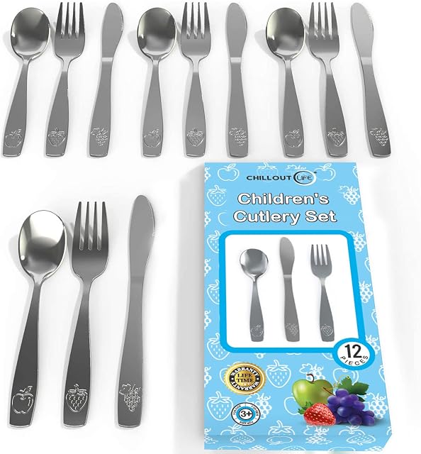 12 Piece Stainless Steel Kids Silverware Set - Child and Toddler Safe Flatware - Kids Utensil Set - Metal Kids Cutlery Set Includes 4 Small Kids Spoons, 4 Forks & 4 Knives