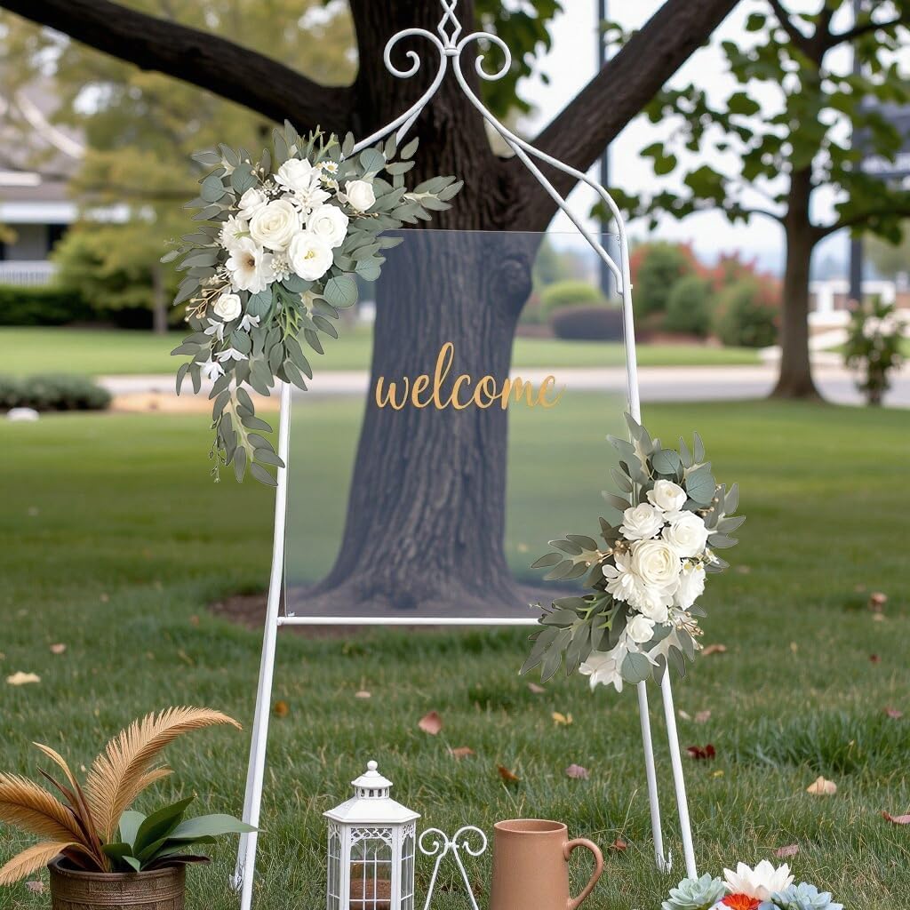 Artificial Floral Arch Swag Set of 2 – Elegant Wedding Welcome Sign Decorations for Ceremony & Reception, Rustic Greenery Flower Arrangements (White)