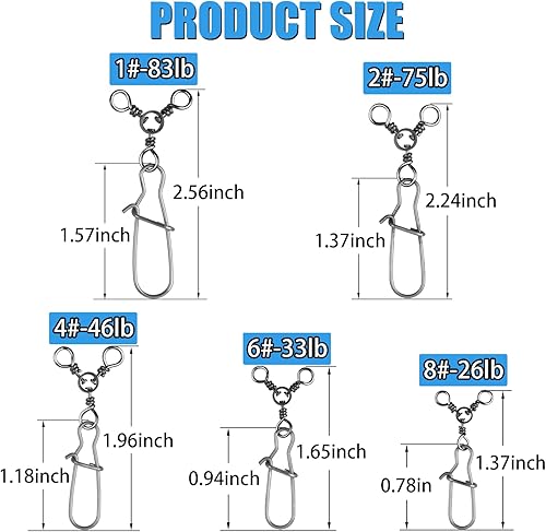 Miniatura 2 de JSHANMEI Broches giratorios de 3 vías de pesca de alta resistencia con líneas cruzadas de doble bloqueo giratorio en T, conectores de señuelo de