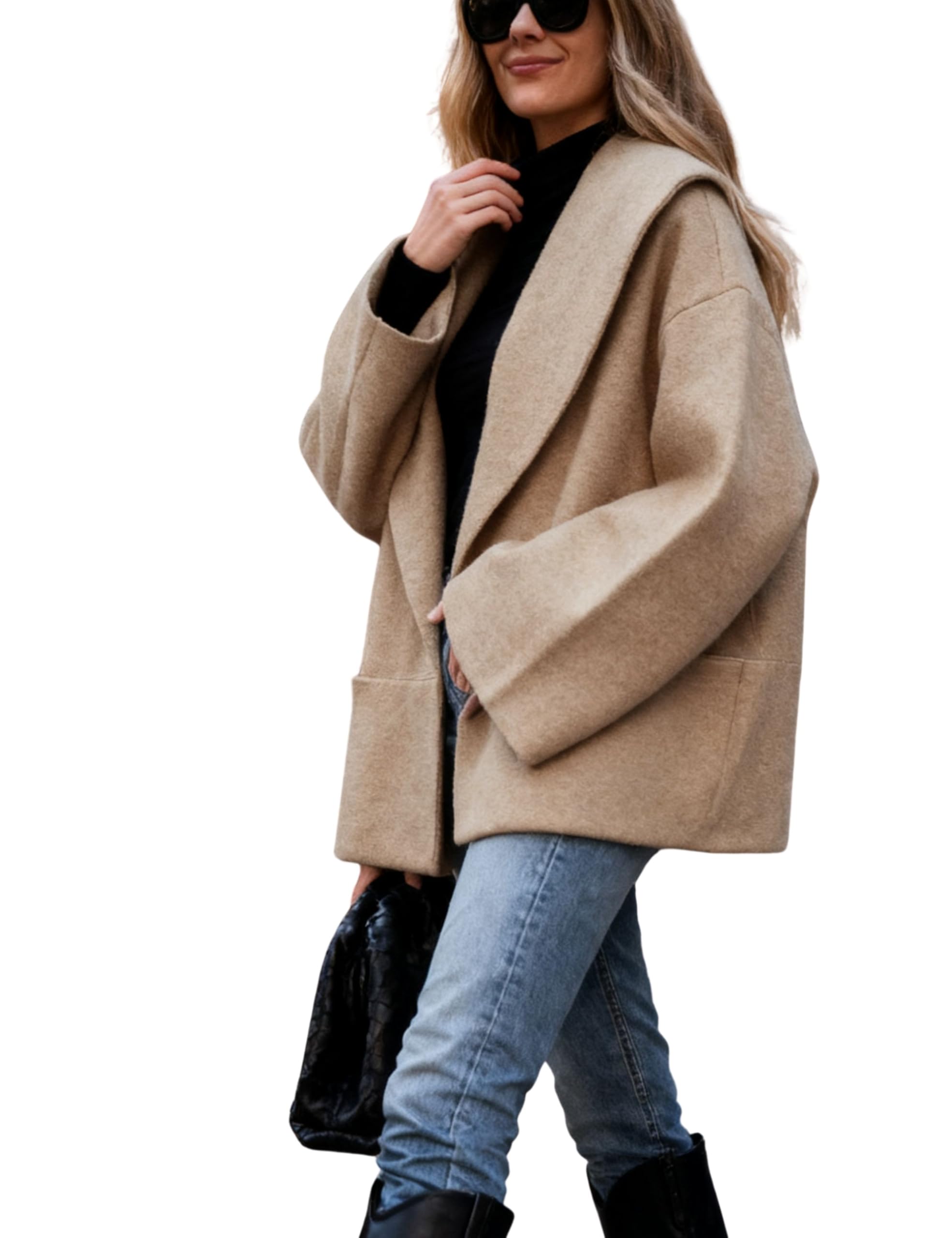 Hooever Womens Cropped Pea Coats Oversized Sweater Cardigan Lapel Open Front Fall Winter Shawl Collar Knit Sweater Khaki01-M