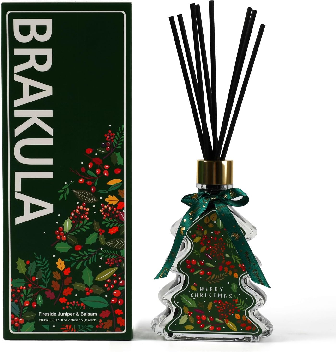 Brakula Christmas Reed Diffuser Set, Fireside Juniper & Balsam Scented, 8 Diffuser Sticks with Christmas Bottle Design, Home Decor Bedroom Living Room Office (6.09oz)