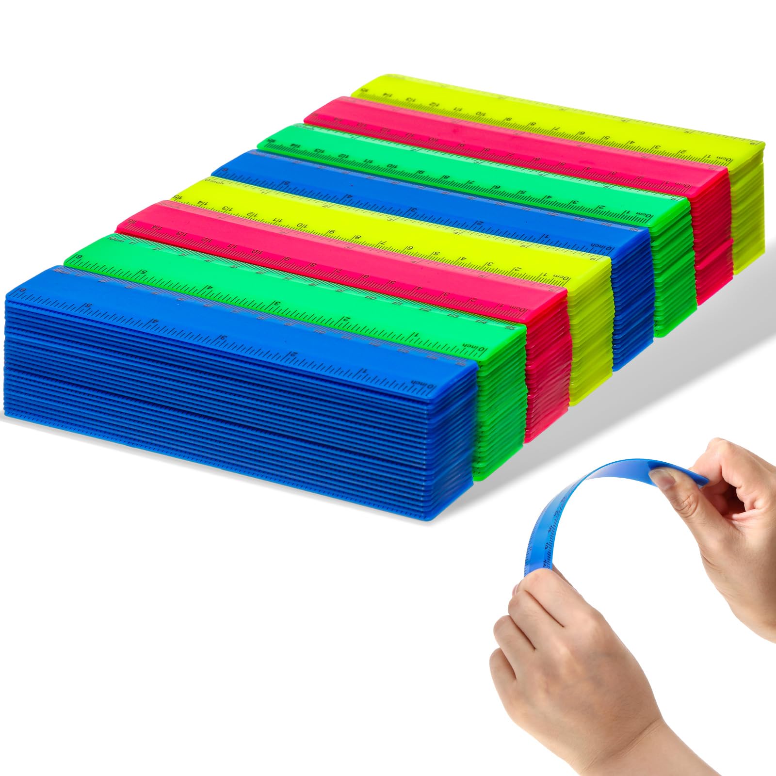 Zonon Lot de 200 règles droites en plastique souple avec pouces et centimètres pour le premier jour d'école pour les étudiants, la rentrée scolaire, fournitures de bureau (couleurs vives opaques, 15,2