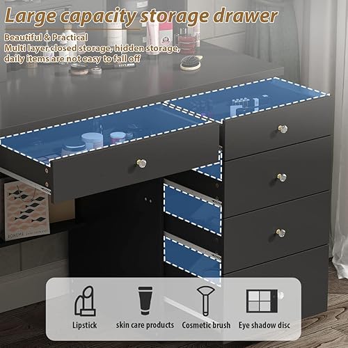 Miniatura 5 de Juego de tocador grande con espejo, 5 cajones y estantes, tocador y taburete acolchado (espejo iluminado deslizante)