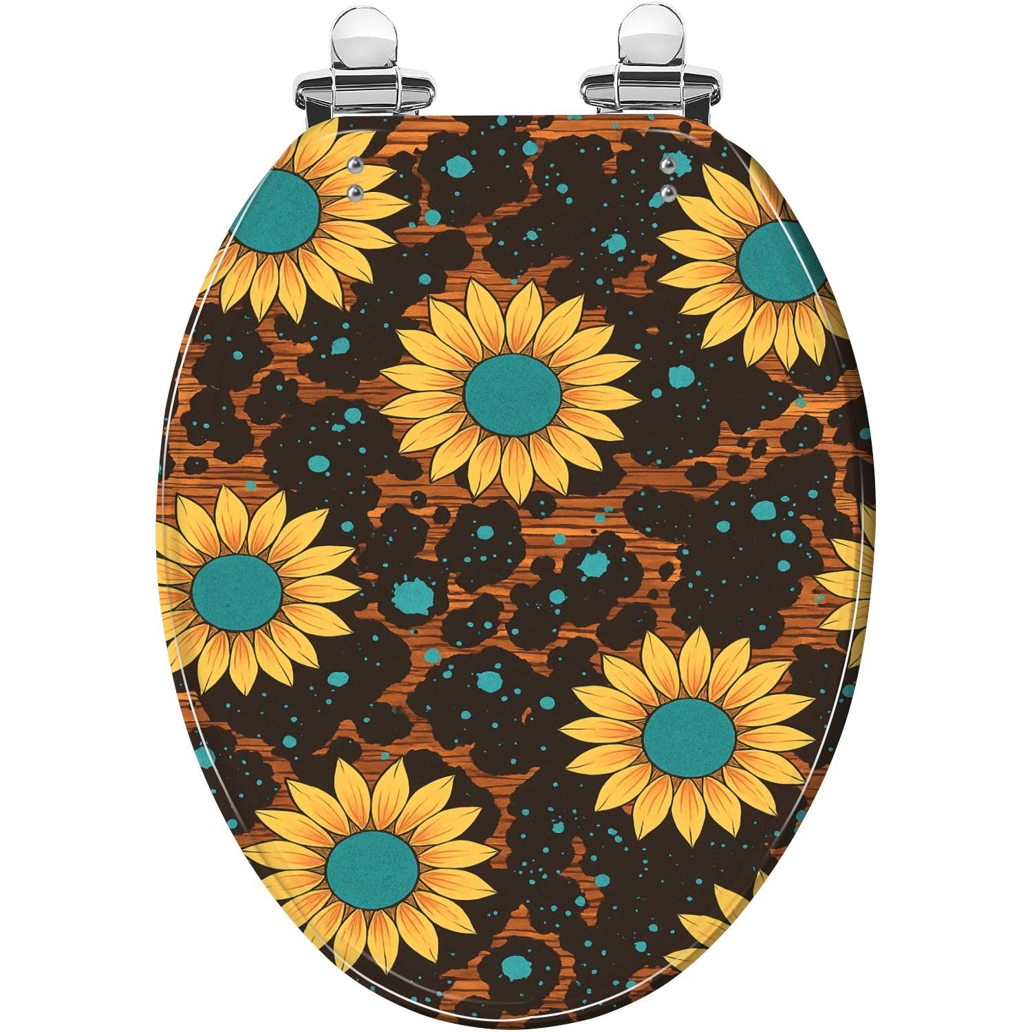 Sedile WC Allungato Decorativo con Copriwater, Stile Vintage Western con Girasoli E Resina Effetto Legno Turchese, Cerniere A Sgancio Rapido con Chiusura Silenziosa, Facile Da Installare.