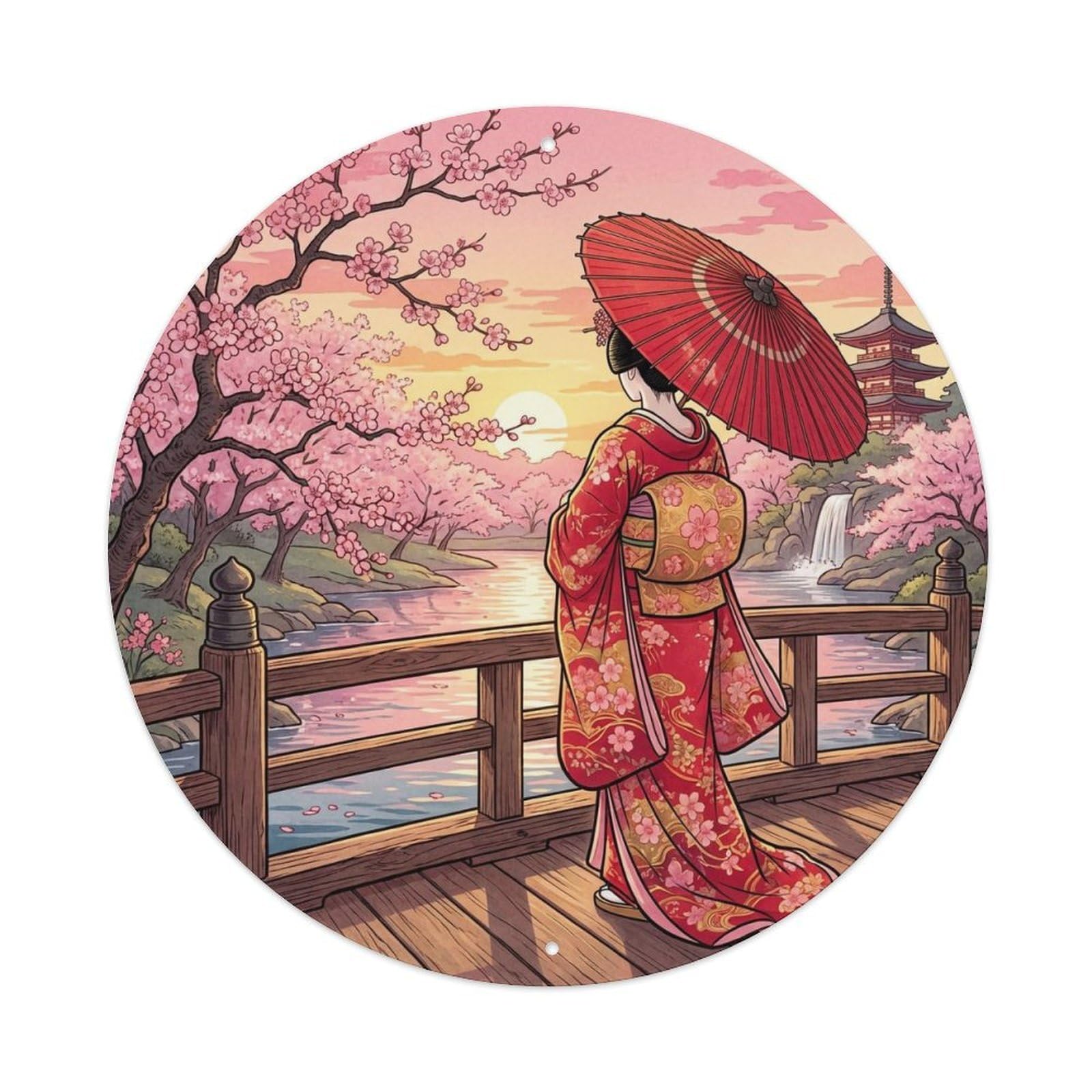 Yrnq 8X8inch Vintage Style Japanese Kimono Lady Sunset Cherry Bridge Scenic View Metal Tin Sign