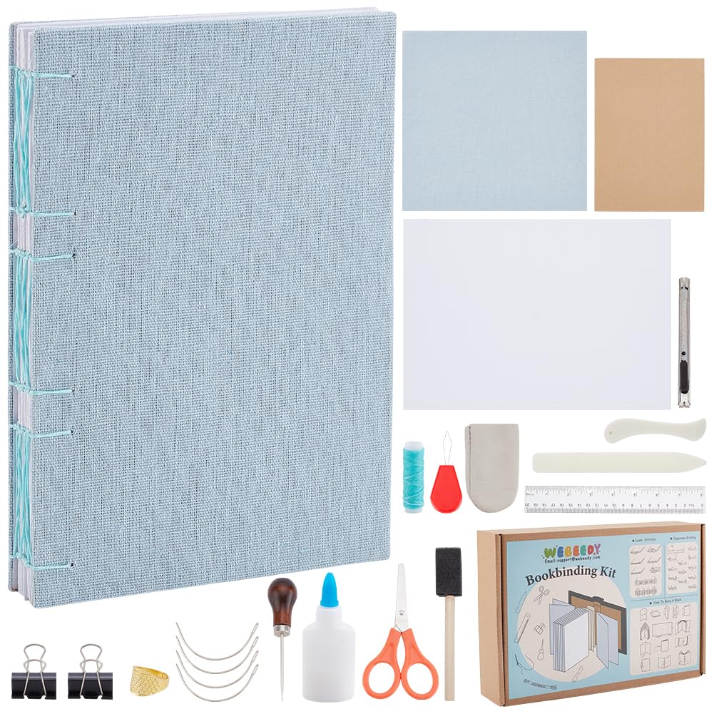 WEBEEDY Bricolage Kit de Reliure à Long Point 61 Pcs Kit de Reliure à Main comprenant Pince à Os, Poinçon à Papier, Aiguilles à Gros Yeux, Fil de Cire, Colle, Règle, 15X21cm(A5)