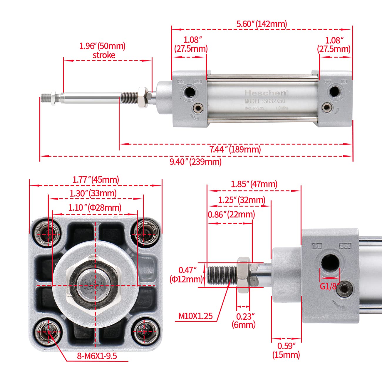 Heschen Vérin pneumatique Standard, SC 32-50, PT1/8'' Port, Alésage 32mm, Course 50mm, Double Effet