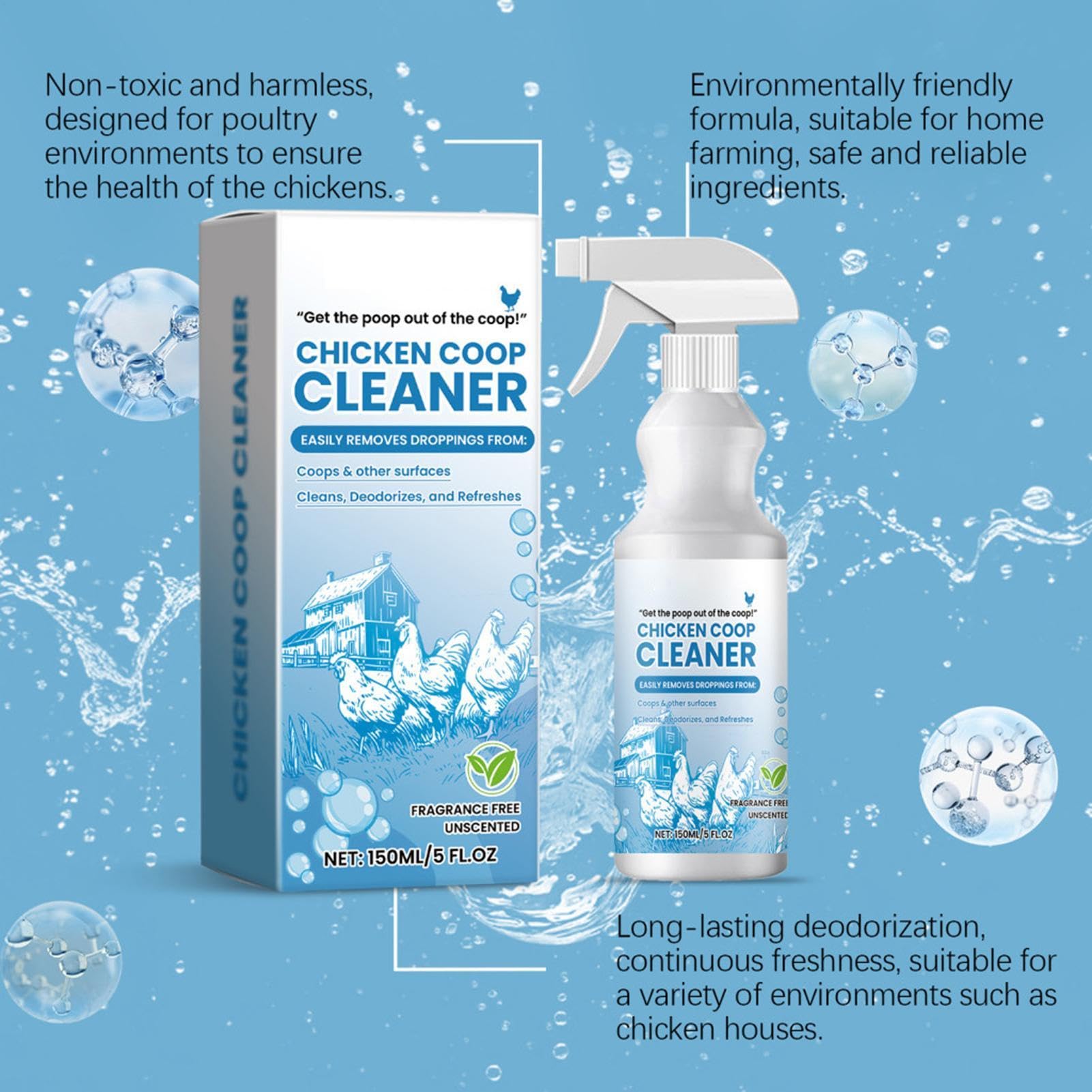 Coop Refresh,Spray de control de olores, limpiador y desodorante de gallineros, limpiador natural de segura para eliminar la suciedad y los olores
