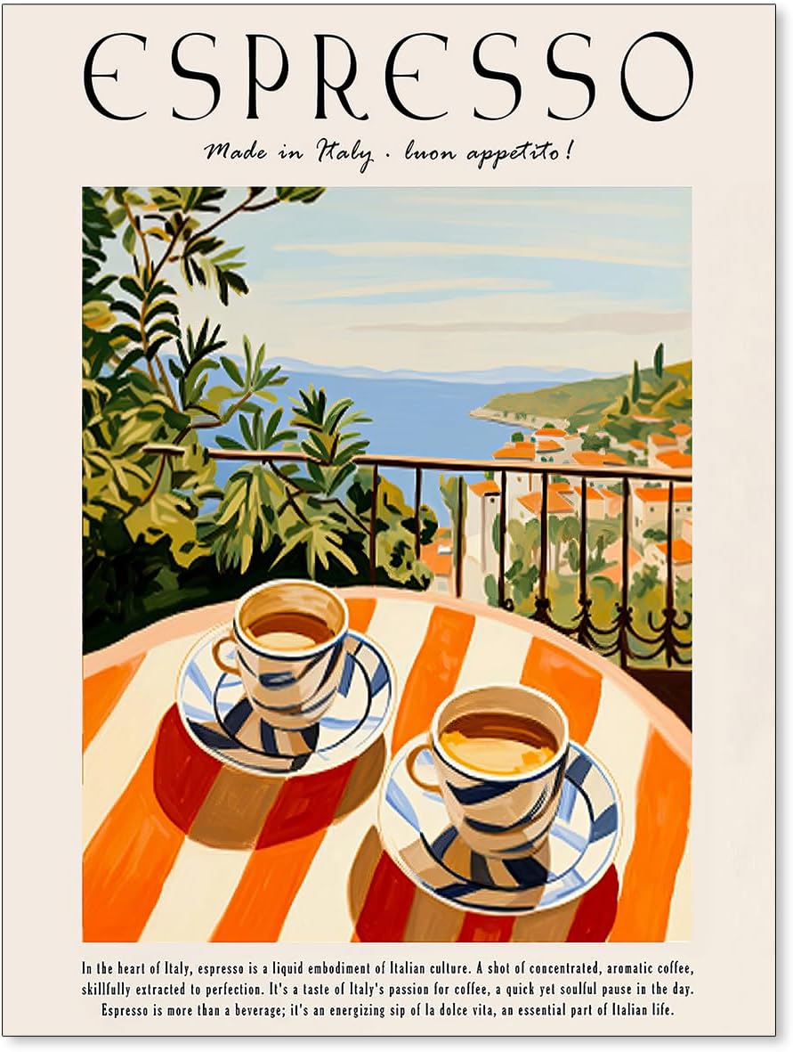 Vintage Espresso Coffee Poster Italian Food Wall Art Trendy Cozy Travel Drink Prints Retro Kitchen Wall Decor for Coffee Shop Home Bedroom 12x16 inch Unframed