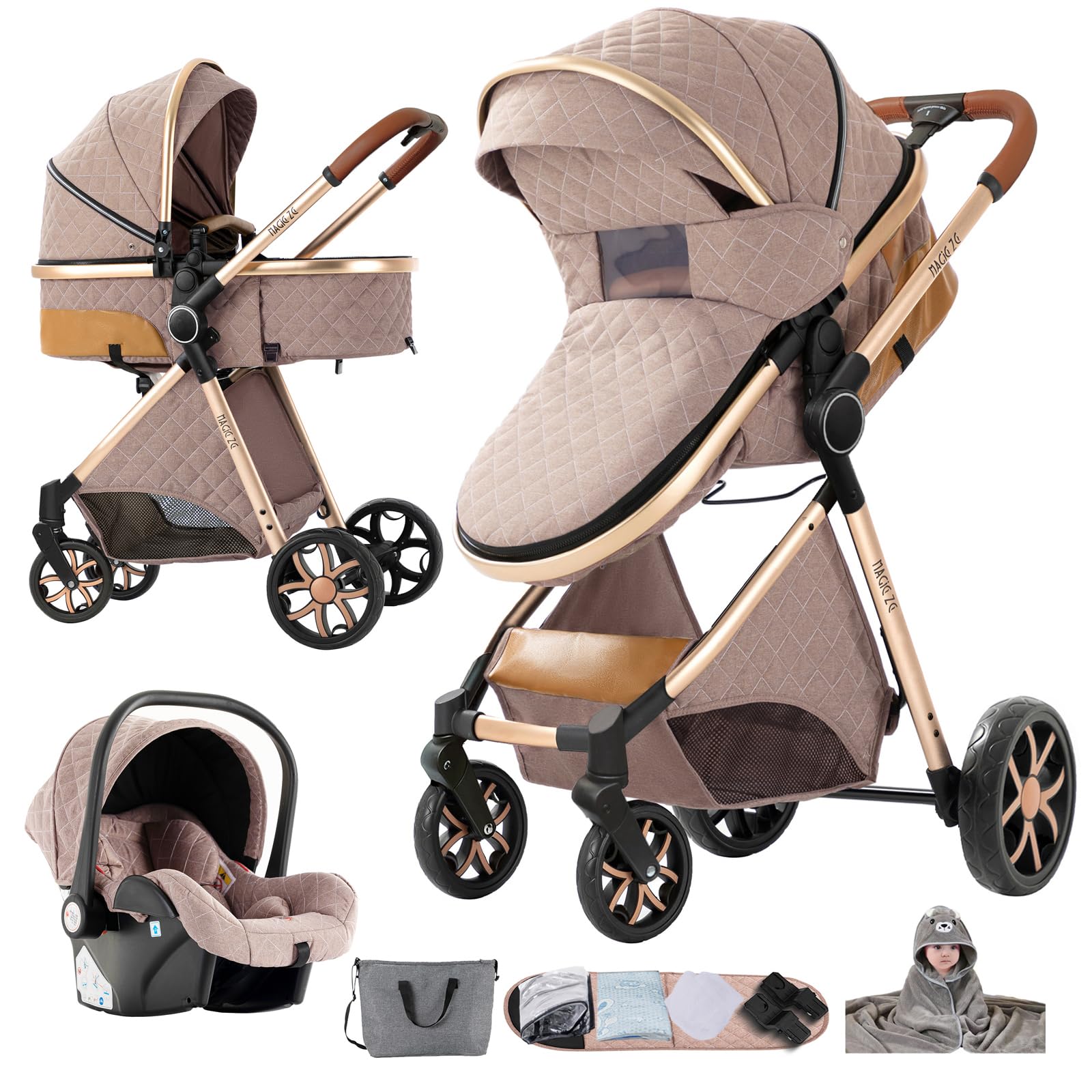 Nine point nine Carrito Bebe 3 en 1, Carricoche Bebe 3 Piezas con Capazo Grande Cómodo, Carro bebé 3 Piezas Empuje Bidireccional Reversible, Cochecito bebé Marco de Aleación Aluminio (YV9 Khaki)