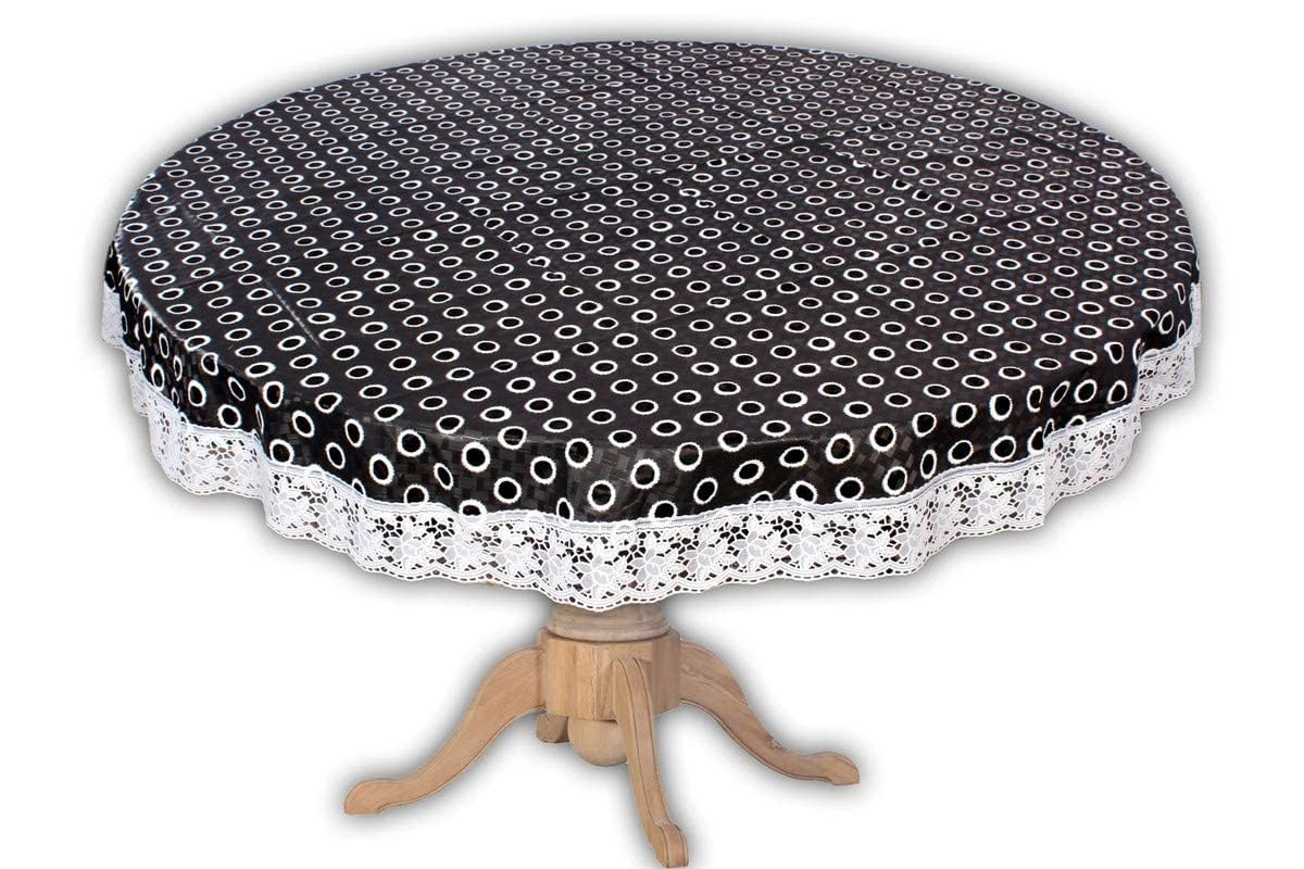 Center & Dining Table Cover Black Color Polka Dots Printed Table Cloth with White Lace - Waterpoof & Dustproof Round Shape Table Cloth (40" Round)-Table Cloth Black 18-image-1