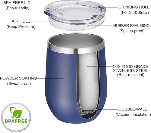 Miniatura 10 de Vaso de vino VEGOND de 12 oz hecho de acero inoxidable, térmico con tapa y pajita, vaso de vino con aislamiento al vacío y doble pared, sin tallo,