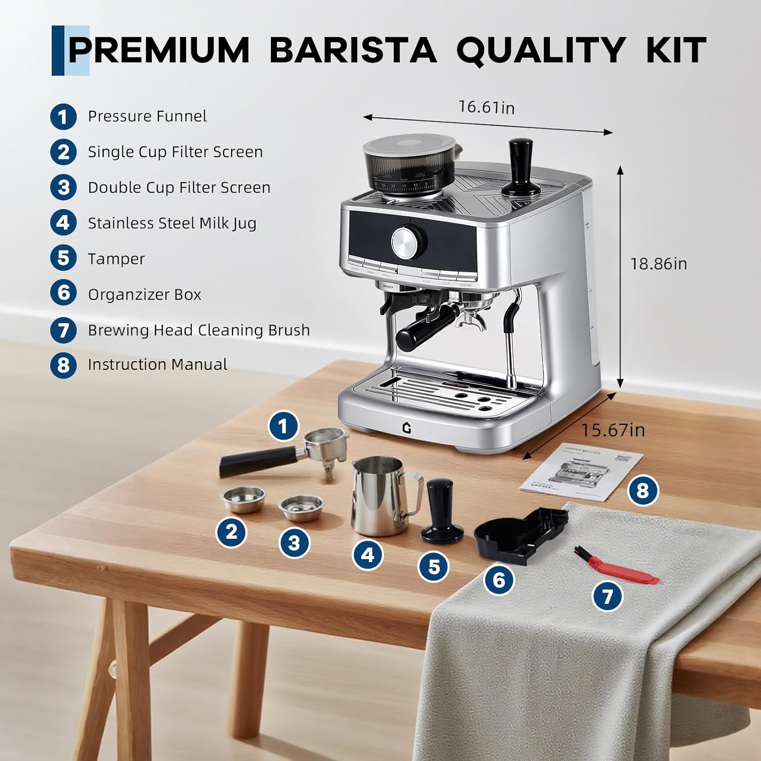 Garvee 20 Bar Pressure Stainless Steel Machine with Grinder, 1.5L Removable Water Tank, Milk Frother Steam Wand for Latte/Cappuccino - Adjustable Shot Volume, Professional Home/Office Use