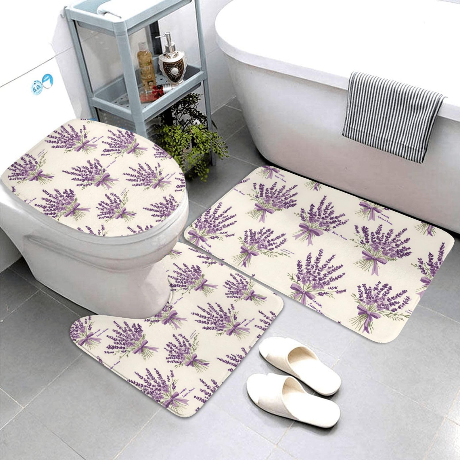 Tapis de salle de bain lot de 3 anti-glisse et lavable motif lavande