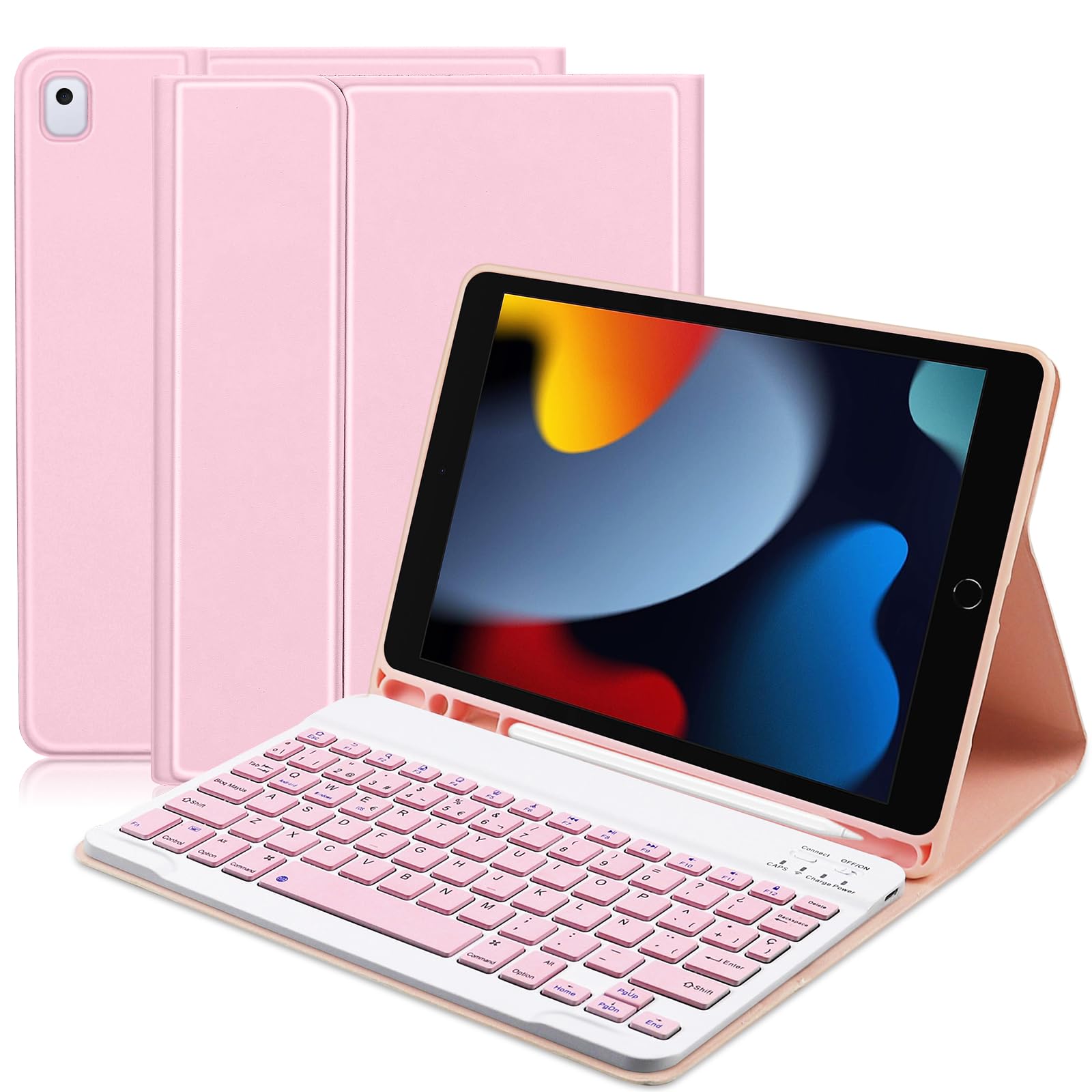 Funda con Teclado para iPad 10.2” 9ª Gen 2021/8ª Gen 2020/7ª Gen 2019 con Ranura de Lápiz, Español Ñ con Pencil Inalámbrico Desmontable Teclado(QWERTY) y Magnético Carcasa Delgada