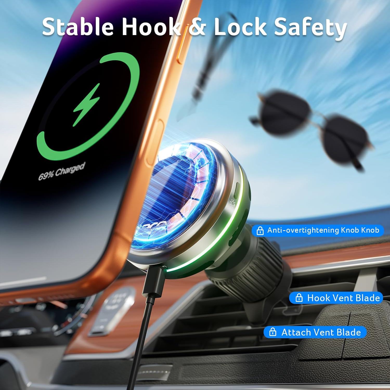 Close-up of the Acer MagSafe car mount showing the stable hook mechanism.