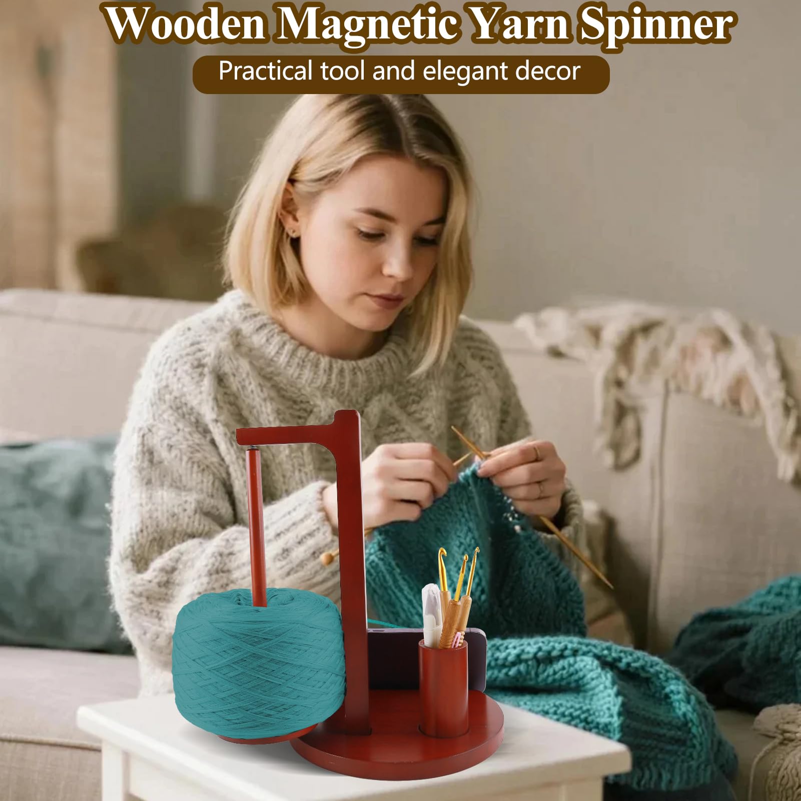 Soporte para hilo de ganchillo y tejer, giratorio magnético de madera con ganchos y agujas, soporte para teléfono y organizador de almacenamiento, regalo ideal para los amantes del tejido