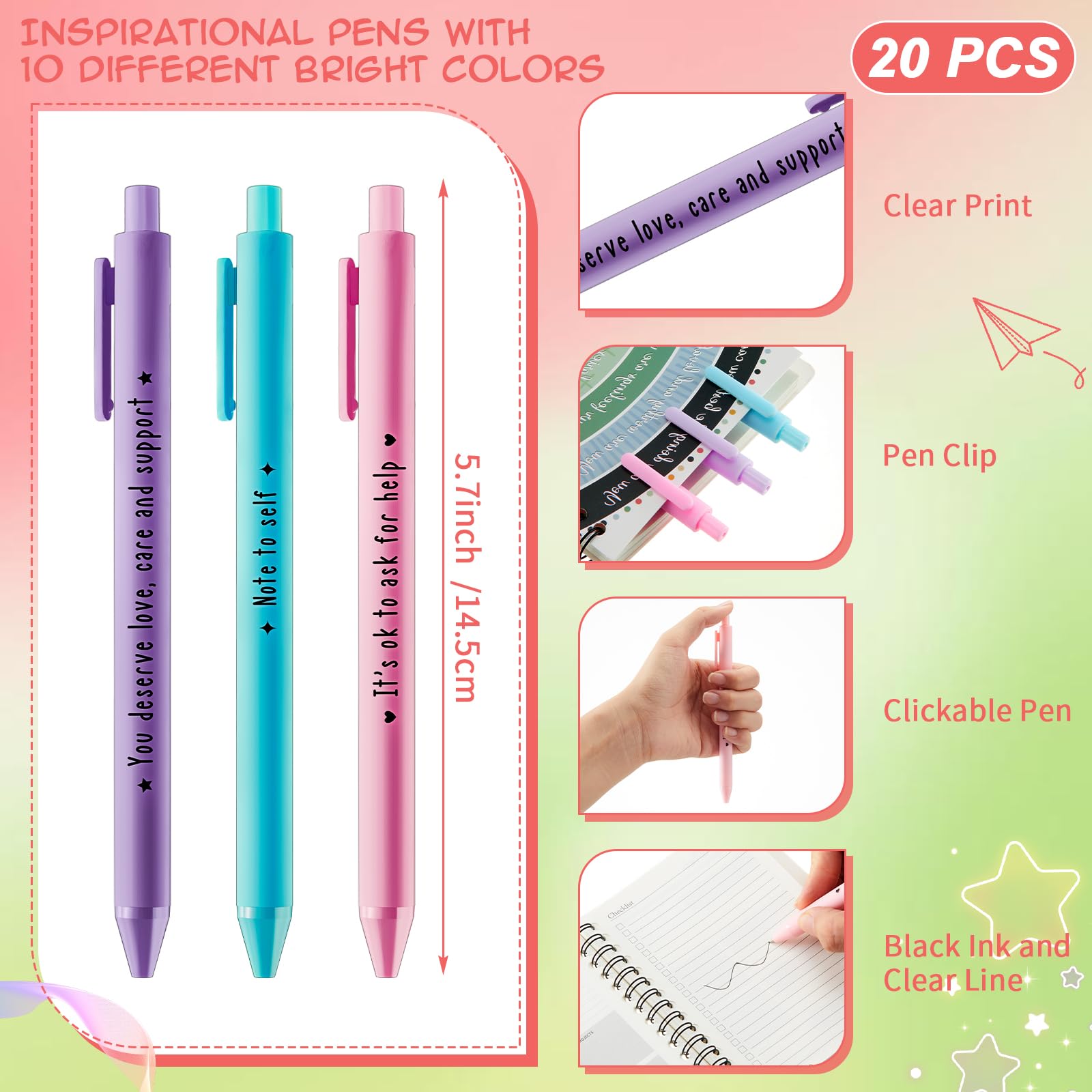 Honoson Lot de 20 carnets à spirale inspirants avec stylo de motivation pour étudiants, enseignants, cadeau de remerciement, collègues, bénévoles, infirmières
