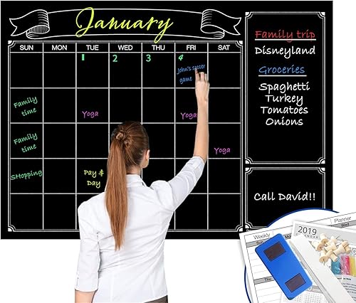 Party Funny Calendario de pared de pizarra de tiza gigante laminada negra de borrado en seco, 38 x 50 pulgadas, tablero de anuncios semanal mensual