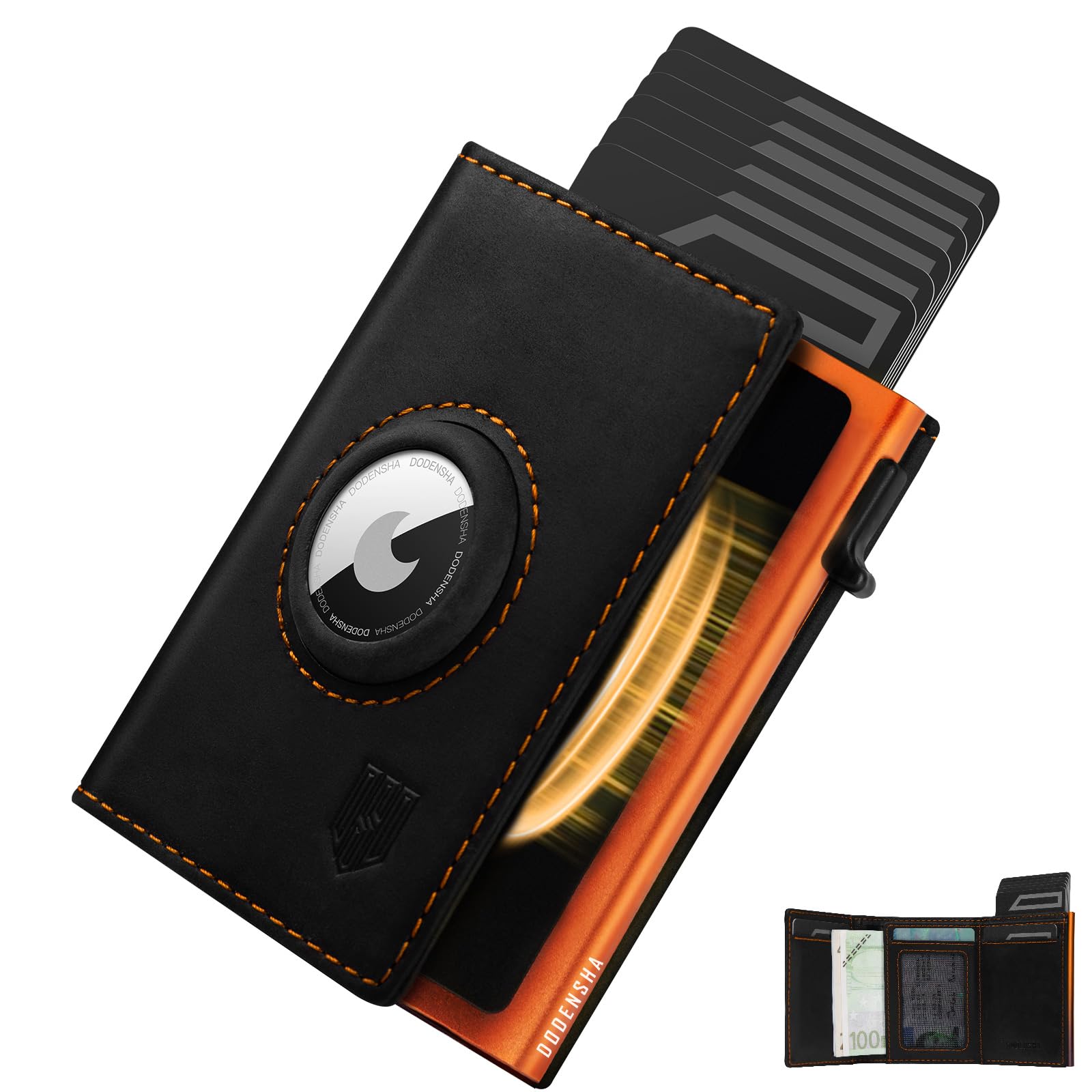 DODENSHA® MagSnap Airtag Wallet Herren mit RFID Schut I Kartenetui Herren I Smart Wallet Klein für 10+ Karten I Wallet mit Münzfach I Portmonee mit AirTag* Fach I Geldbörse Herren I SchwarzOrange