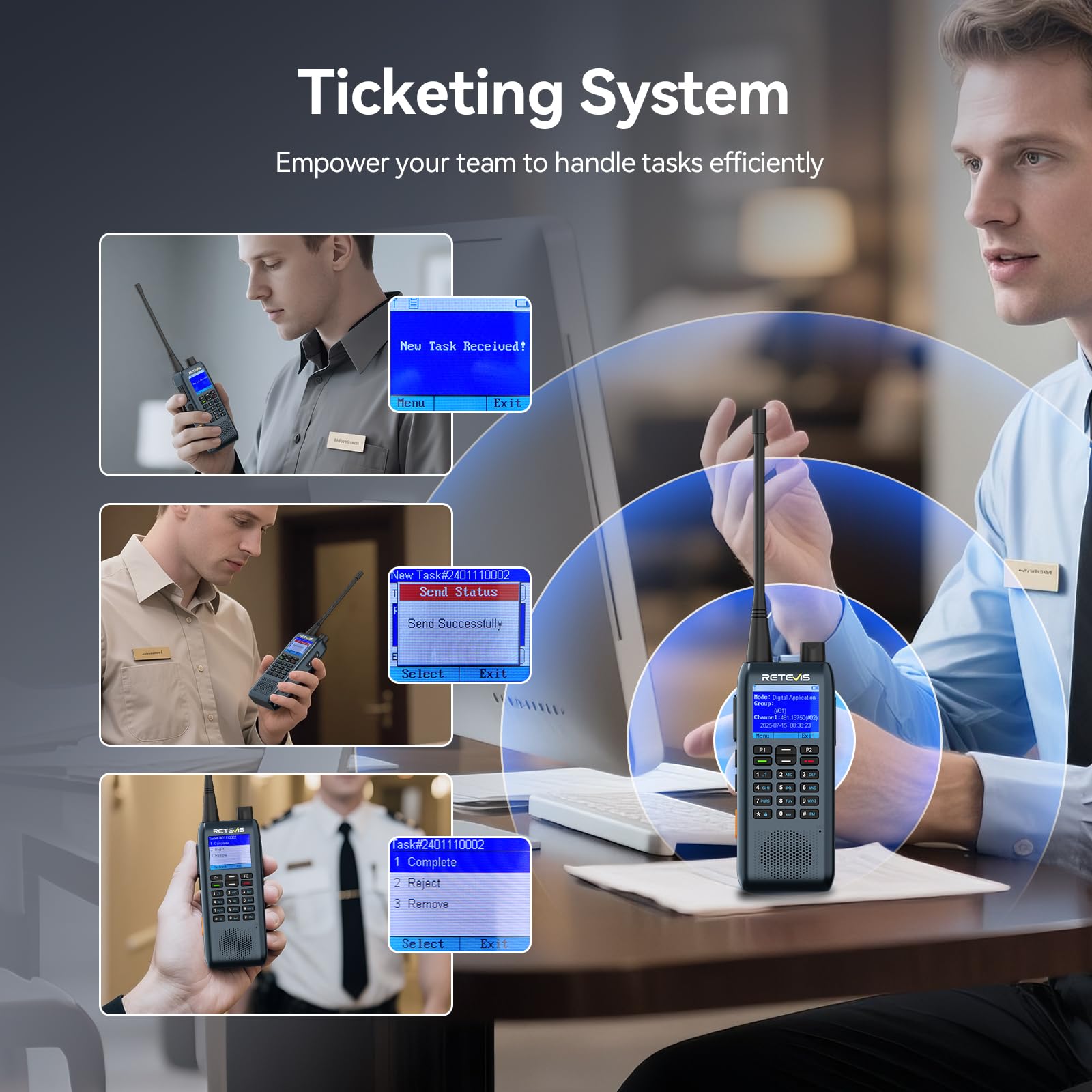 Retevis MateTalk C63 Krótkofalówki dla Dorosłych, System Dyspozytorski z Alarmem Wibracyjnym/Funkcją SMS, Wyświetlacz LCD, 3 Tryby Połączeń, Smukłe Krótkofalówki do Wież Biurowych (2 Opakowanie)