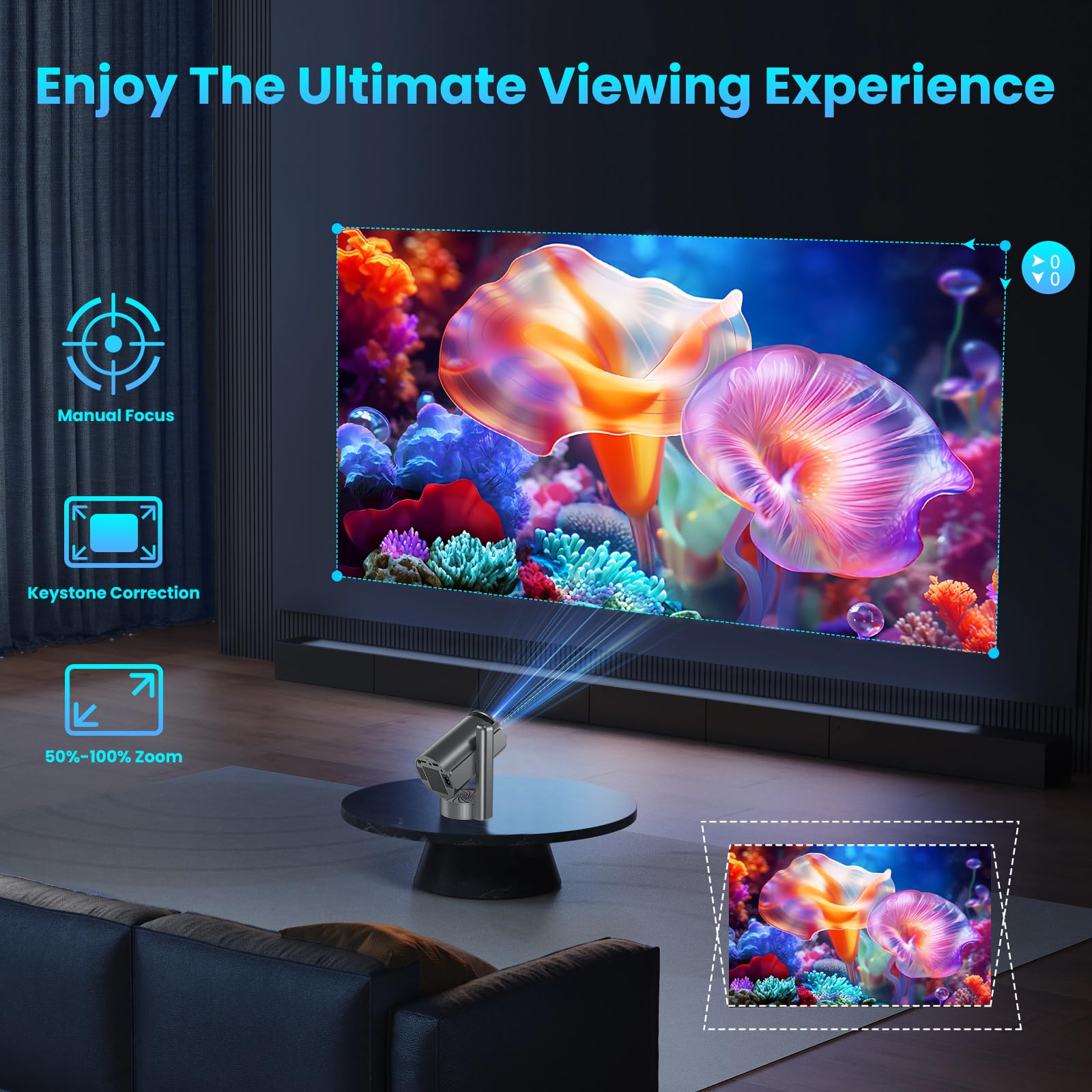 Vidéoprojecteur 4K, Mini Projecteur avec WiFi 6 BT5.4, Correction Trapézoïdale, 270° Rotation, Base de Son, Compatibile avec HDMI/USB/PS5, Retroprojecteur Portable pour Chambre, Maison et Extérieur