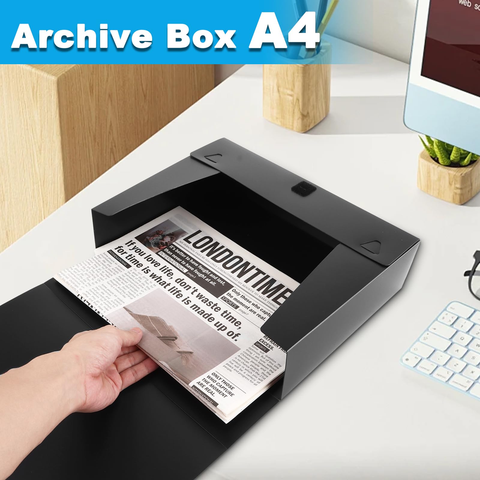 WOPPLXY Lot de 8 Boite Archive, 31 x 23,5 x 7,5 cm Boite Archive Plastique Noir, Boite de Classement A4 pour le Bureau, la Maison, l'École (Dos de 75 mm)