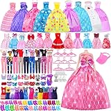 73 Teiliges Kleidung Schmuck Zubehör für Puppen,5 Partykleider + 11 Fashion Kleider Jahren + 2 Hosen + 1 Tops + 2 Badeanzüge,10 Paar High Heels,40 Kleiderbügel,1 Hut,Enthält Eine 11,5 Zoll Puppe