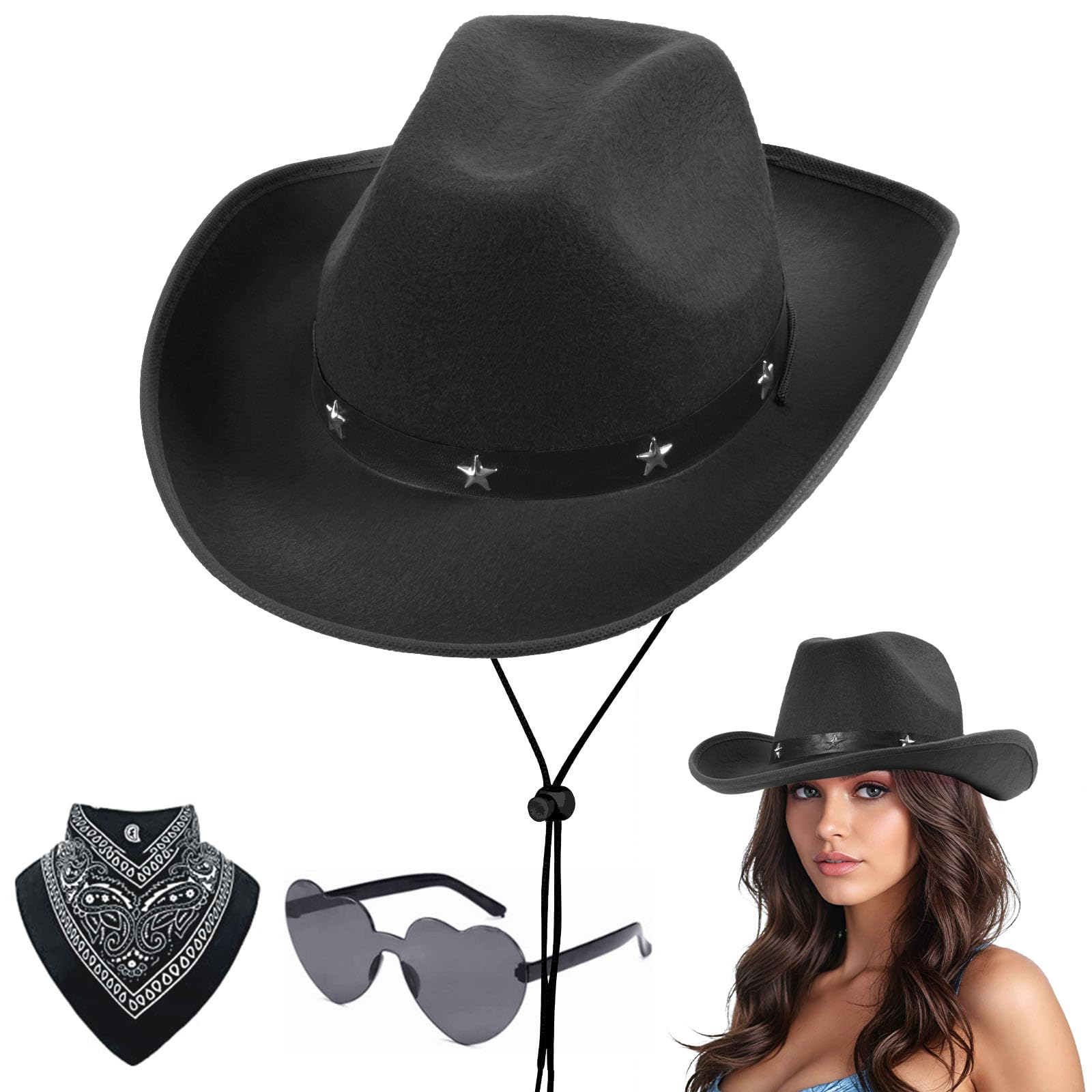 Aomig 3Pcs Cowboy Hat Fancy Dress Accessory, Cowboy Costume Set with Paisley Bandanna and Glasses, Western Cowboy Fancy Dress Costume for Birthday Halloween Bachelorette Bachelor Party Cosplay(Black)