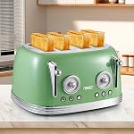 Wiltal 4 Grille-pain, grille-pain vert rétro, bagel, avec couvercle en acier inoxydable. Réchauffer, dégeler et annuler les fonctions, la fonction de compte à rebours, 6 Niveaux de brunissement, matériau en acier inoxydable, TR03