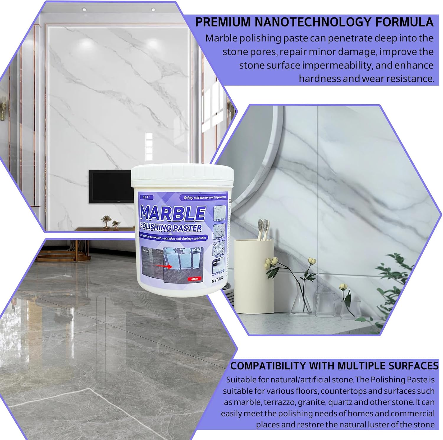Marble Polishing Paste, Nature Stone Polishing Kit, Granite Sealer & Protectant | Polish Paste for Granite, Quartz, Marble, Travertine, Kitchen Countertop（1kg）