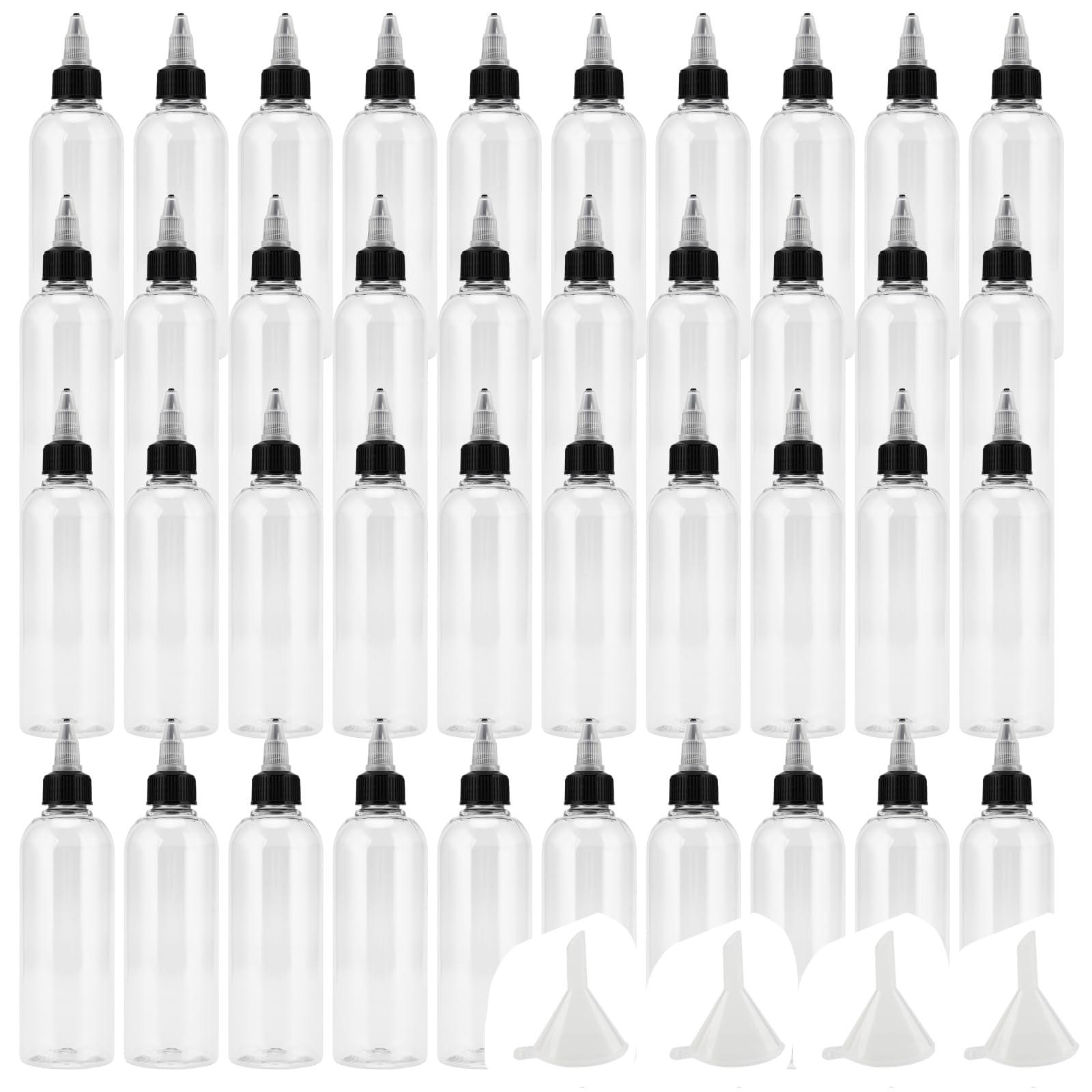 Paquete de 40 botellas dispensadoras transparentes de 2 onzas, botellas de plástico de 2.1 onzas líquidas con tapas y embudos giratorios, botellas vacías Boston para condimentos, vertido de