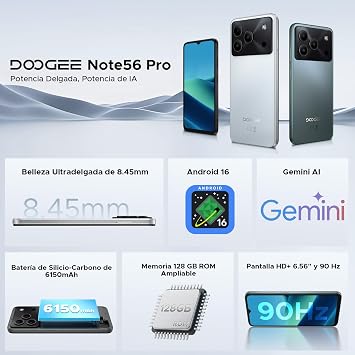 Note56 Pro Android 16 Free Mobile Phone, 6150mAh 32GB+128GB/2TB Smartphone, Octa Core Smartphones HD+ 6.56, Camera 13MP+8MP Mobile Phone, Gemini AI/NFC/Dual SIM/Face ID/Widevine L1