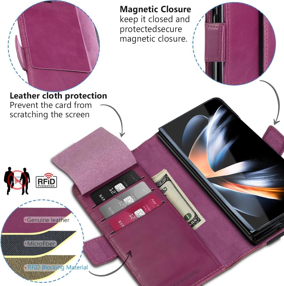 KEZiHOME for Samsung Galaxy Z Fold 5 Case, Genuine Leather Wallet Case [RFID Blocking] with Card Holder Stand Shockproof Protective Phone Flip Cover Compatible with Galaxy Z Fold 5 (Purple/Brown)