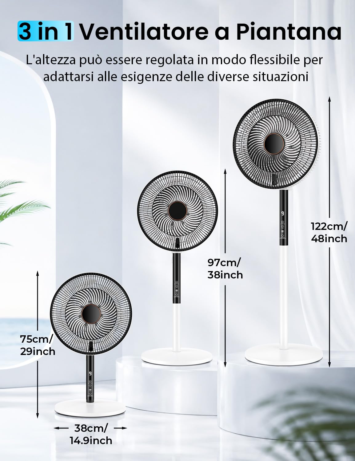 Rintea Ventilatore a Piantana, 22W, 9 Velocità Ventilatore Silenzioso con Telecomando,Oscillazione 90°, 4 Modalità, Flusso d'Aria Potente, Altezza Regolabile, Ideale per Casa e Ufficio