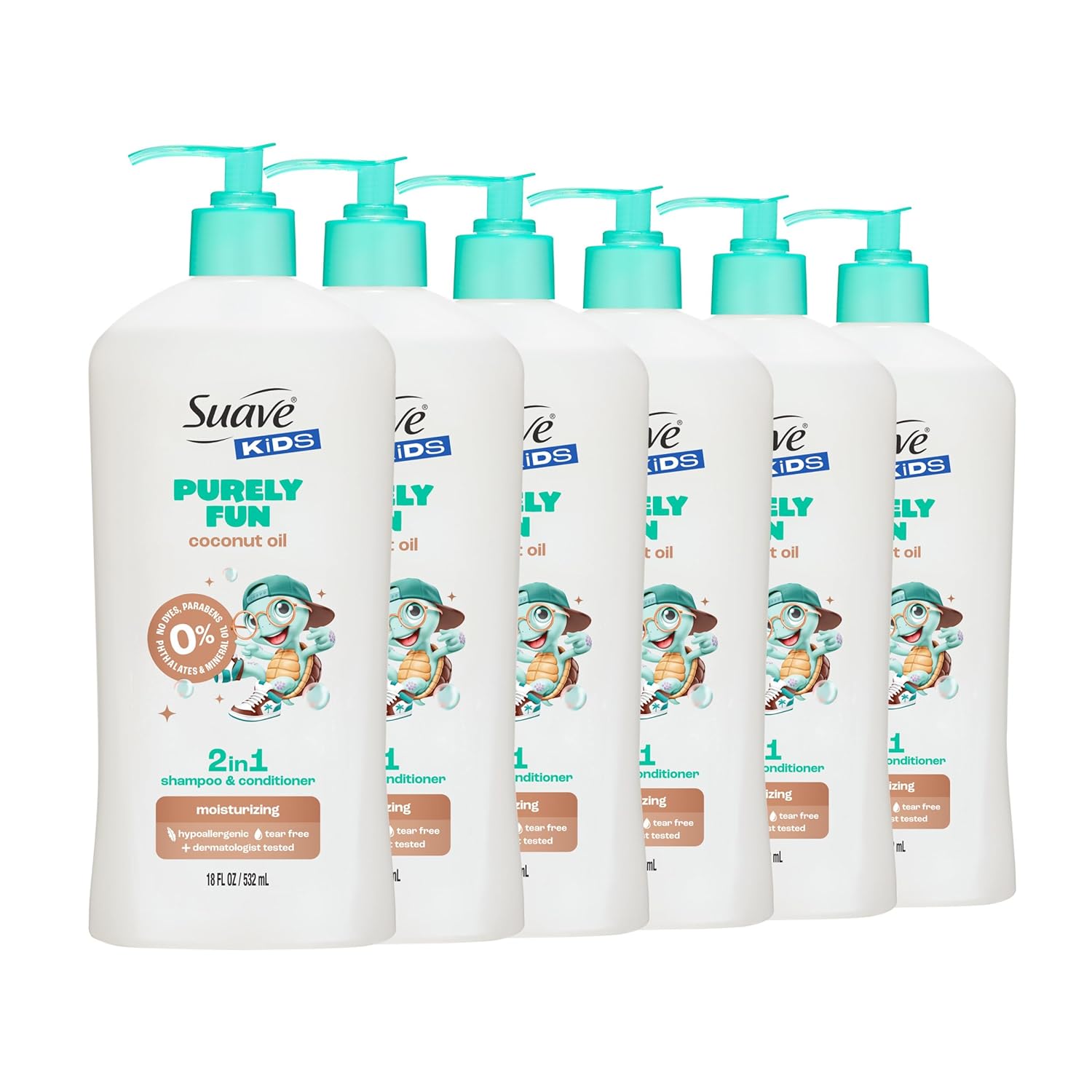 Suave Kids Purely Fun 2 in 1 Shampoo and Conditioner with Coconut Oil, Tear-Free, Hypoallergenic, Gentle Hair Care for Kids with Sensitive Scalps, 6 Count, 18 FL OZ