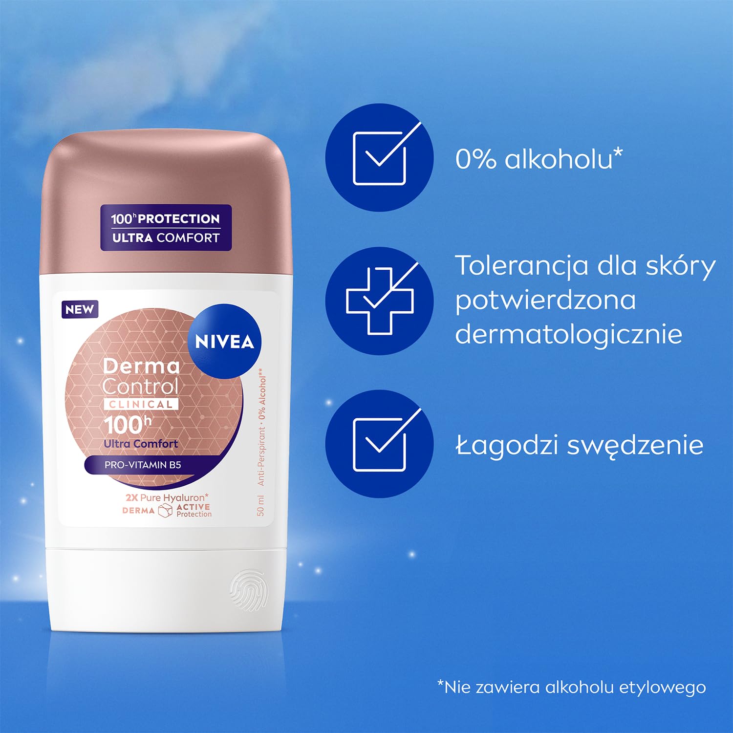 NIVEA Derma Control Clinical Ultra Comfort Antyperspirant w sztyfcie – 100h ochrony, kwas hialuronowy, pantenol (B5), ochrona przed podrażnieniami 50 ml