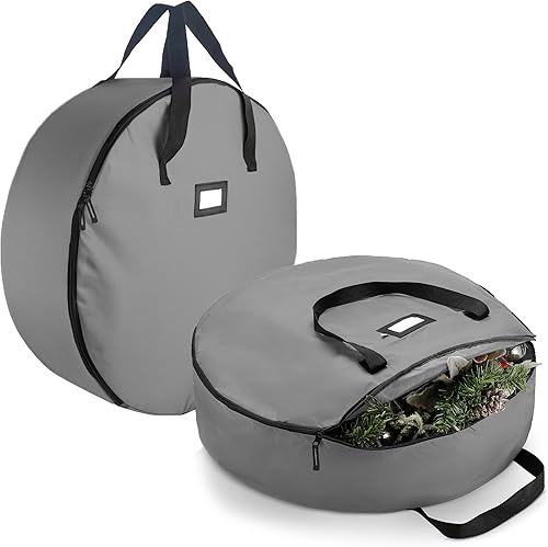 Vista 39 de Paquete de 2 bolsas de almacenamiento para corona, 61 cm - Coronas artificiales, asas duraderas, doble cremallera y ranura para tarjetas, contenedor